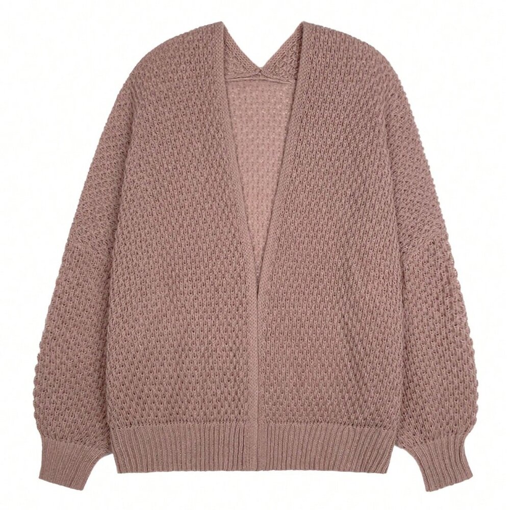 Khaki Casual Women's Dropped Shoulder Long Sleeve Hollow Out Loose Cardigan - Picture 4 of 7